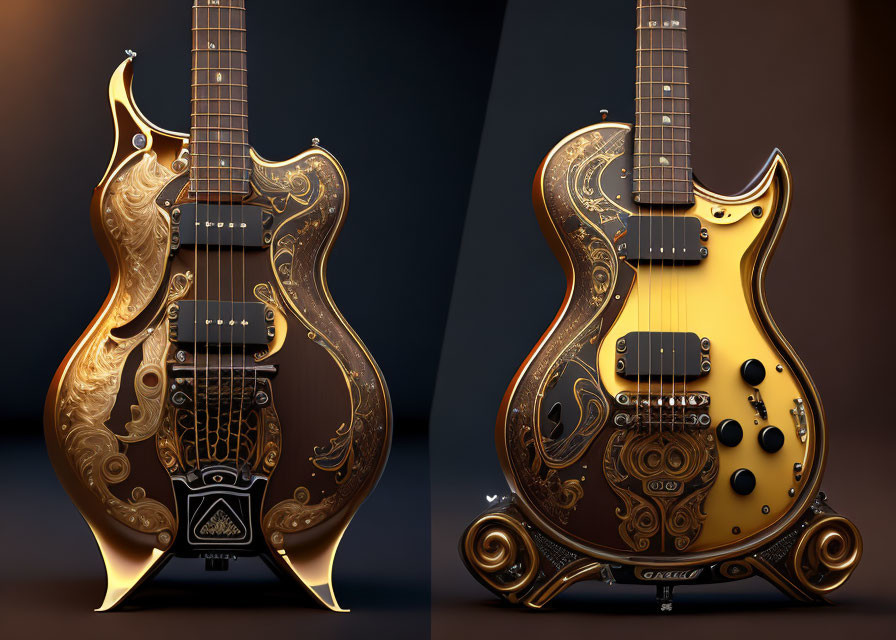 Ornate Gold-Accented Electric Guitars on Dark Background