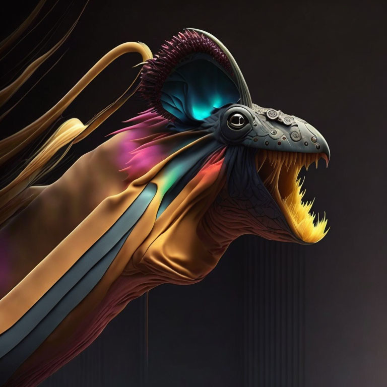 Colorful digital artwork: Mythical creature with metallic bird head, iridescent feathers, fiery mane