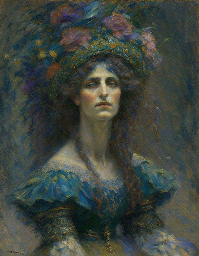 Woman in Floral Hat Painting: Blue Dress & Ruffled Sleeves