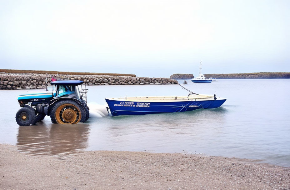 Blue tractor towing boat with Japanese text near calm water, second vessel and breakwater in background