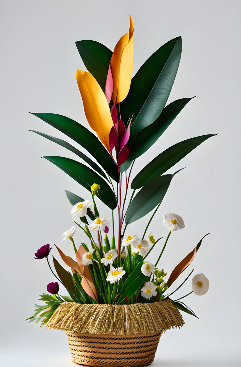 Colorful Tropical Flower Arrangement in Straw Basket