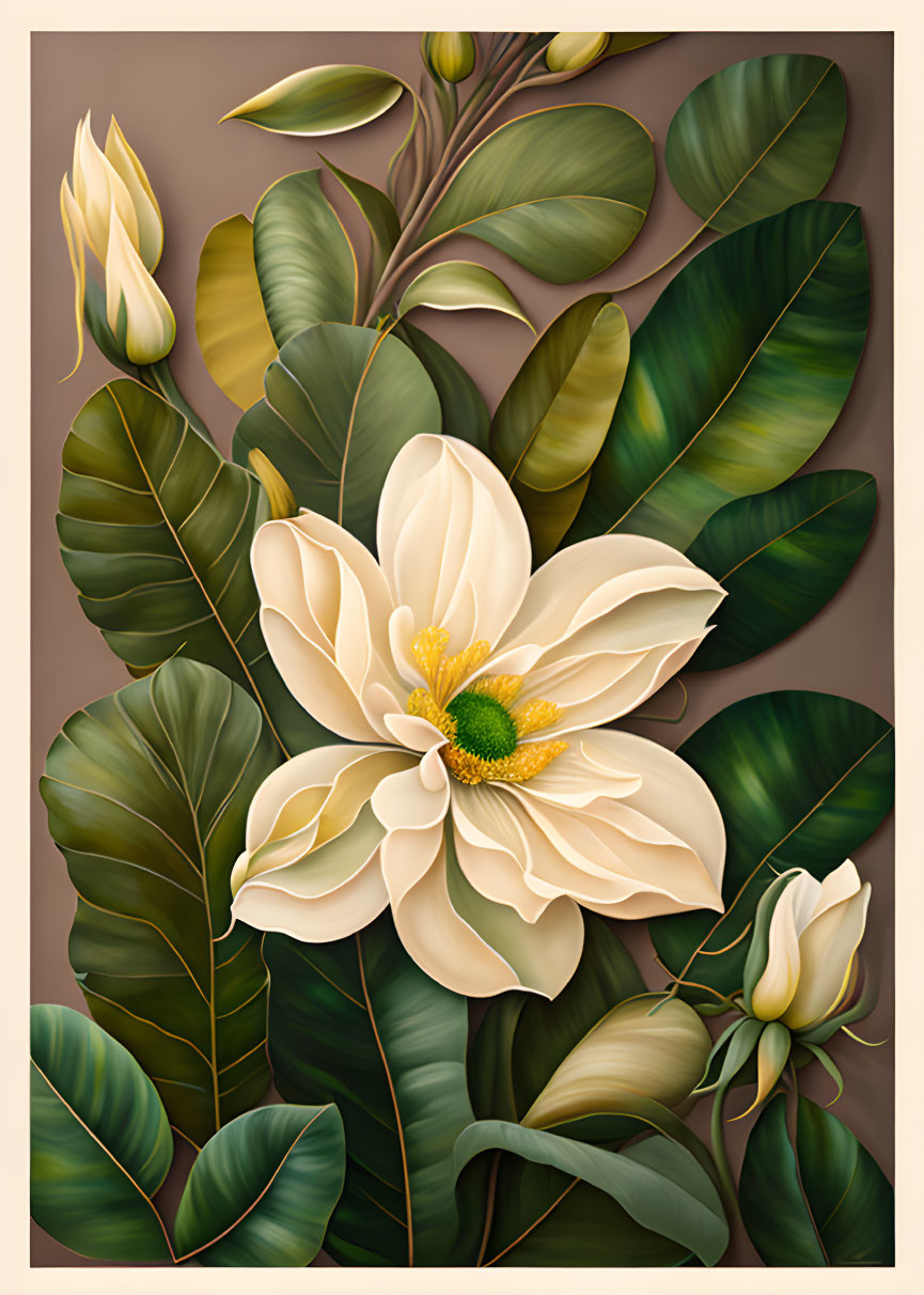 Detailed Magnolia Flower Illustration with Green Leaves on Brown Background