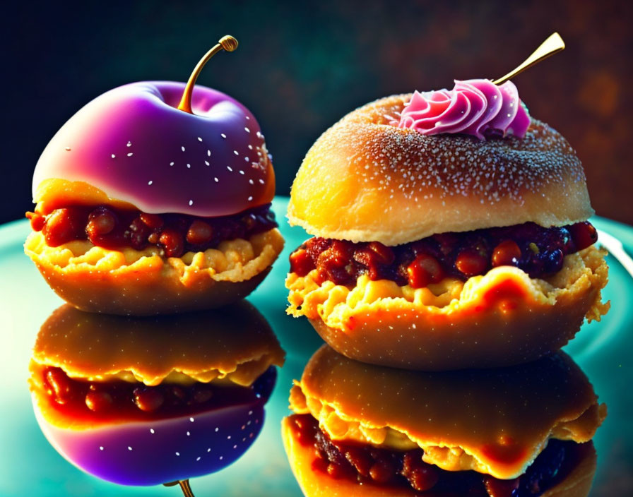 Colorful surreal burgers with purple-tinted buns and bean filling on dark background