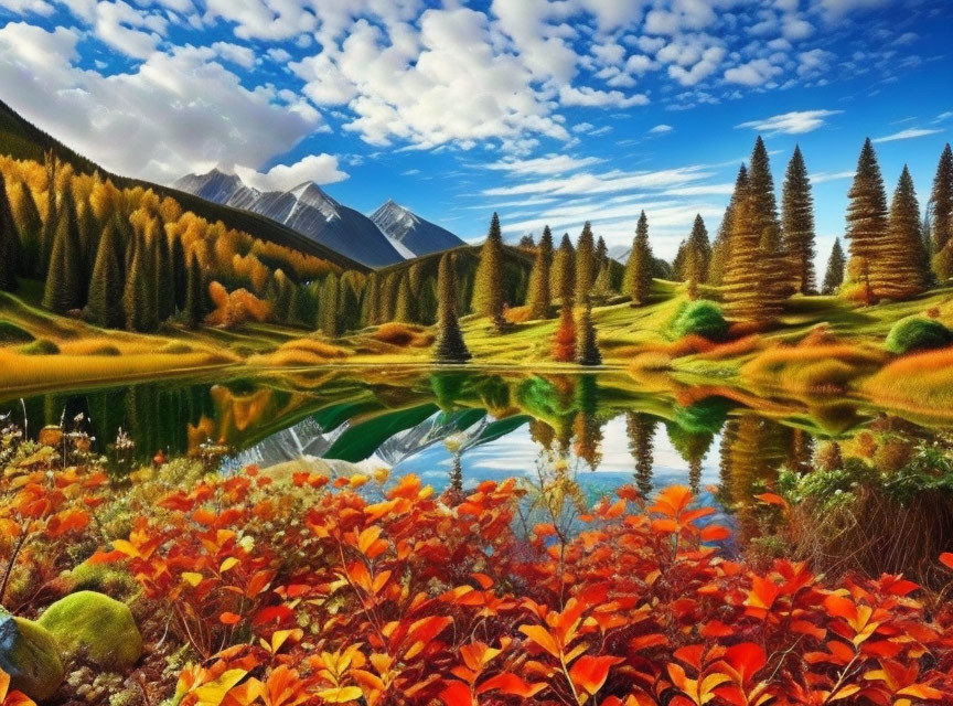 Colorful Autumn Landscape with Lake, Mountains, and Pine Trees