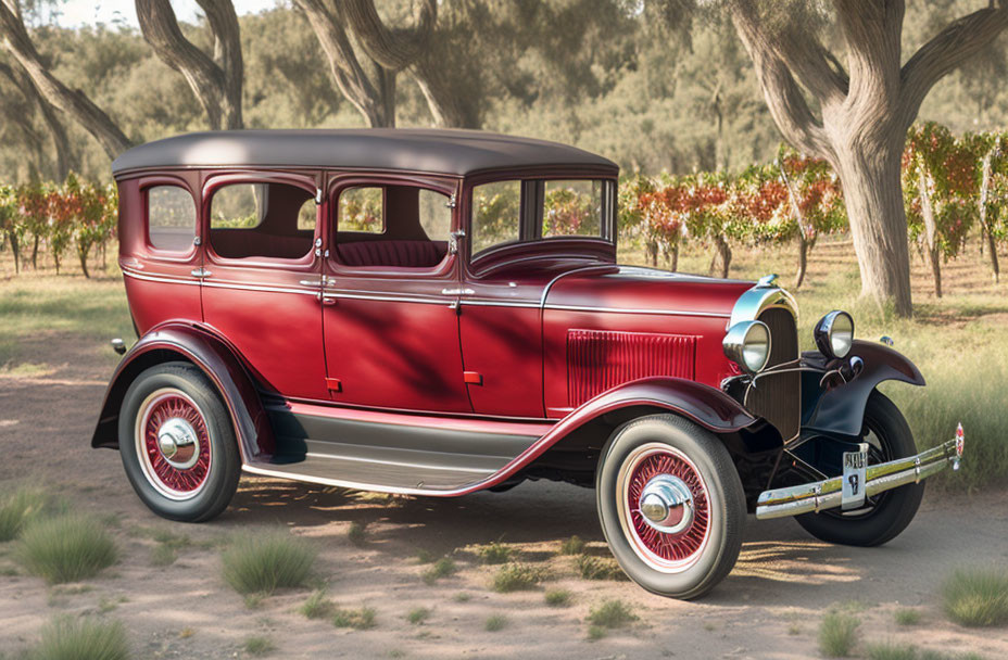 Classic Red Car with White-Wall Tires in Tree-Lined Dirt Road