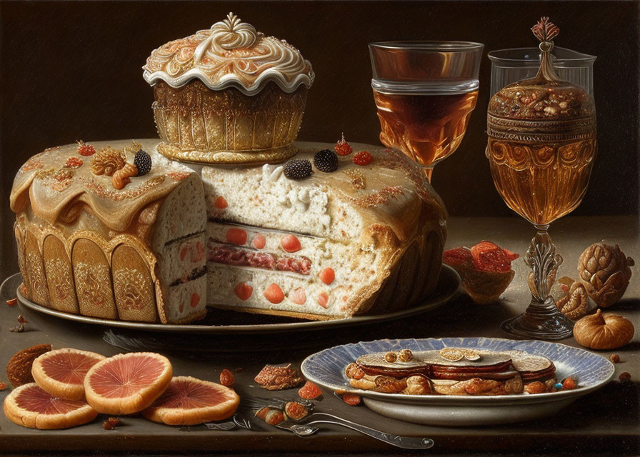 Array of desserts in still life painting with cake, cupcake, cookies, fruits, nuts, and