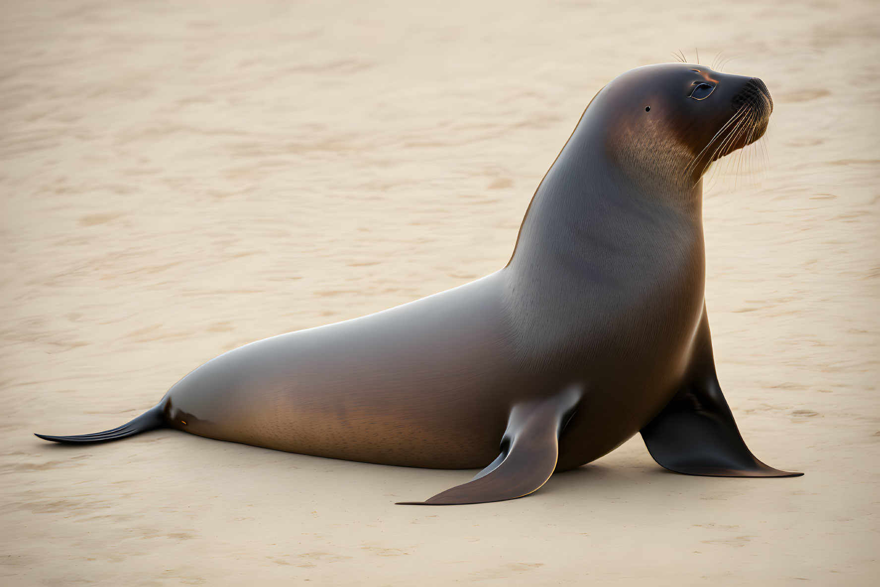 Dark Brown Coat Glossy Seal Resting on Sandy Beach