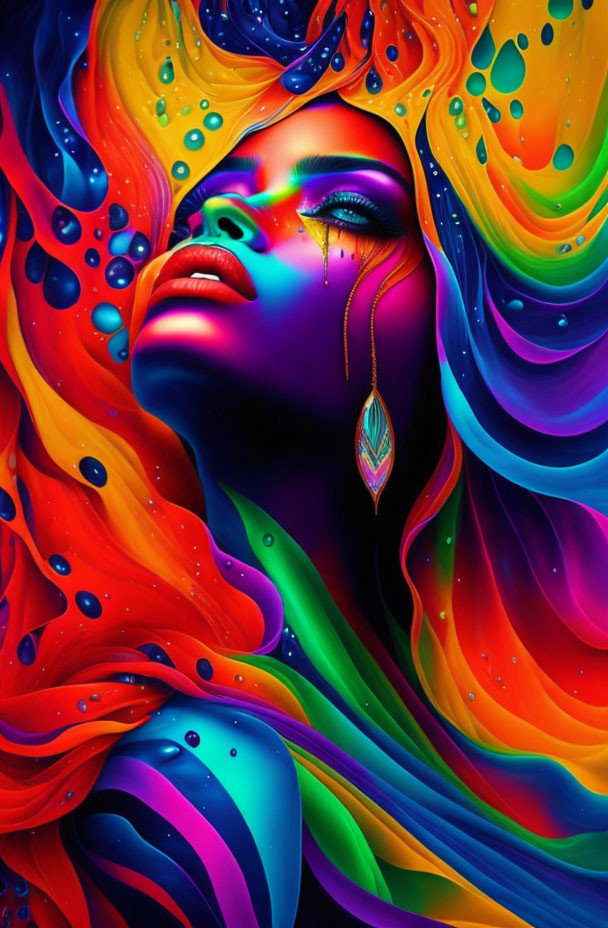 Colorful digital artwork featuring a woman with flowing hair and peacock feather earring