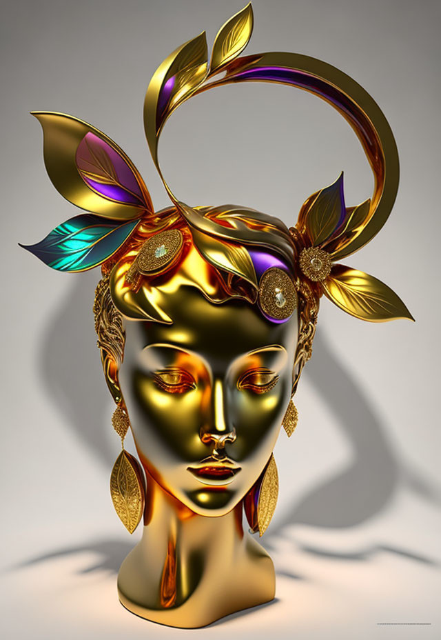 Golden female face digital art with elegant, stylized elements and regal jewelry