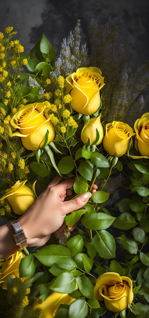 Hand arranging vibrant bouquet of yellow roses with purple flowers on dark background