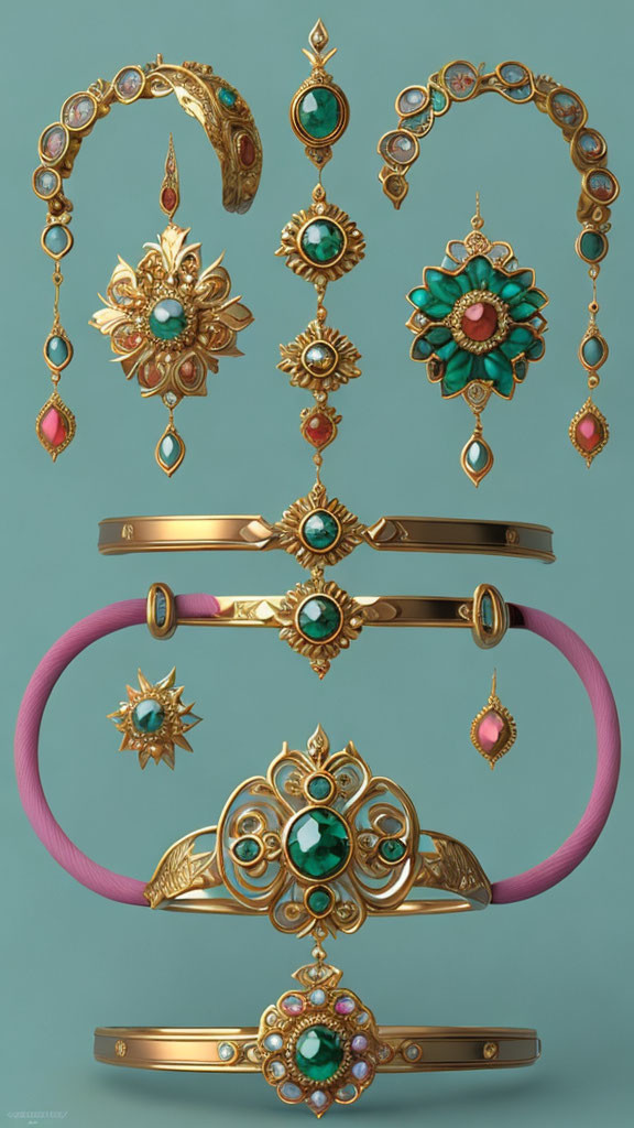 Ornate Gold Jewelry Set with Green and Pink Gemstones on Teal Background