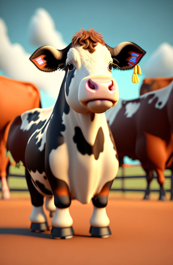 Stylized 3D Black and White Cow in Pasture Scene