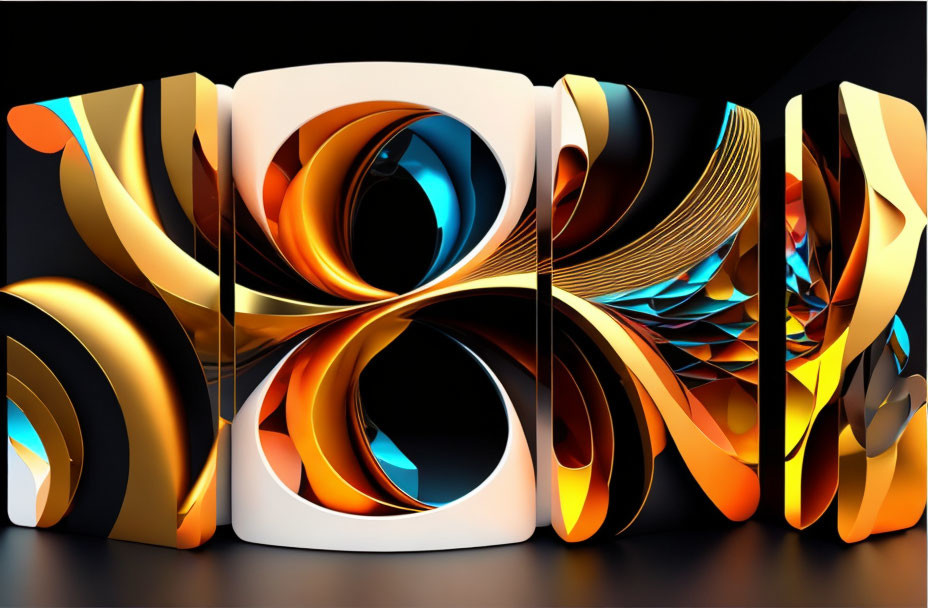 Colorful Swirling 3D Art: Gold, Orange, and Blue Shapes on Dark Background