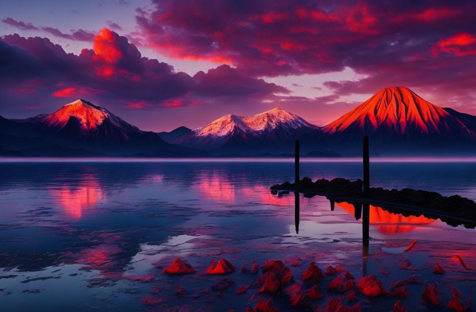 Snow-capped mountains reflected in serene lake at sunrise or sunset