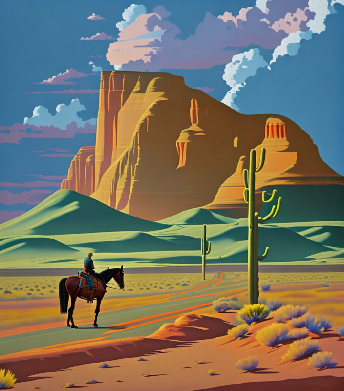 Stylized desert landscape with rider on horseback