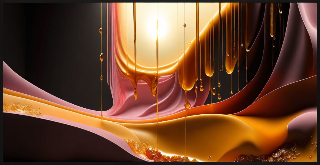 Abstract digital artwork: Flowing golden and bronze hues with luminescent orb