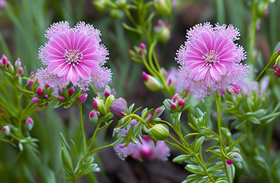 Vibrant Pink Flowers with Frilly Edges and Yellow Centers