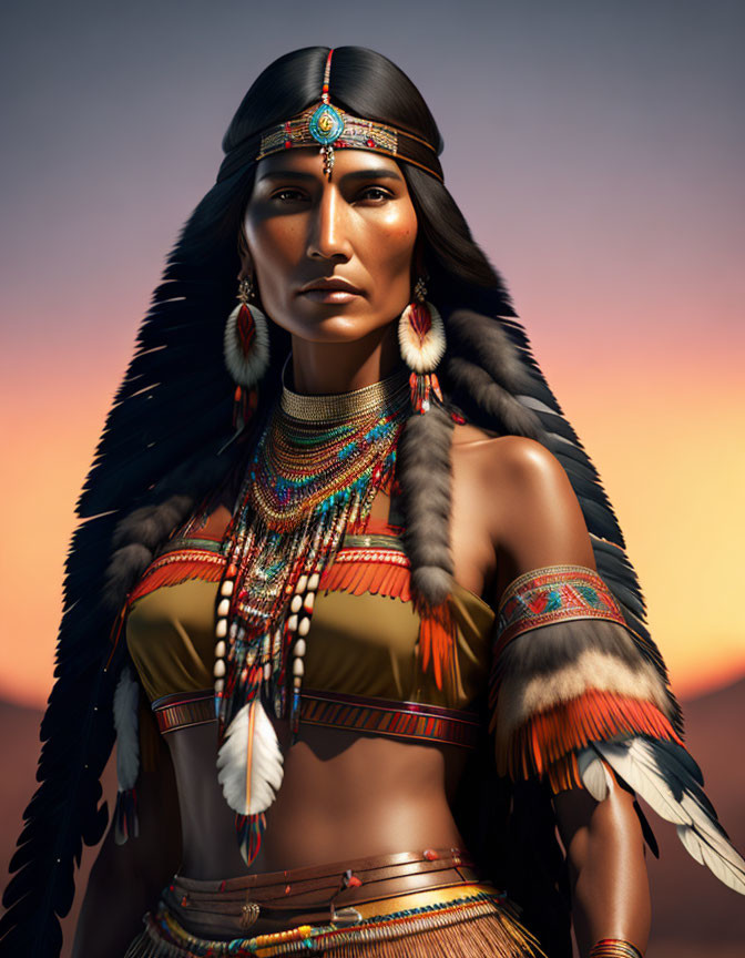 Native American Woman in Traditional Attire with Beadwork and Feathers