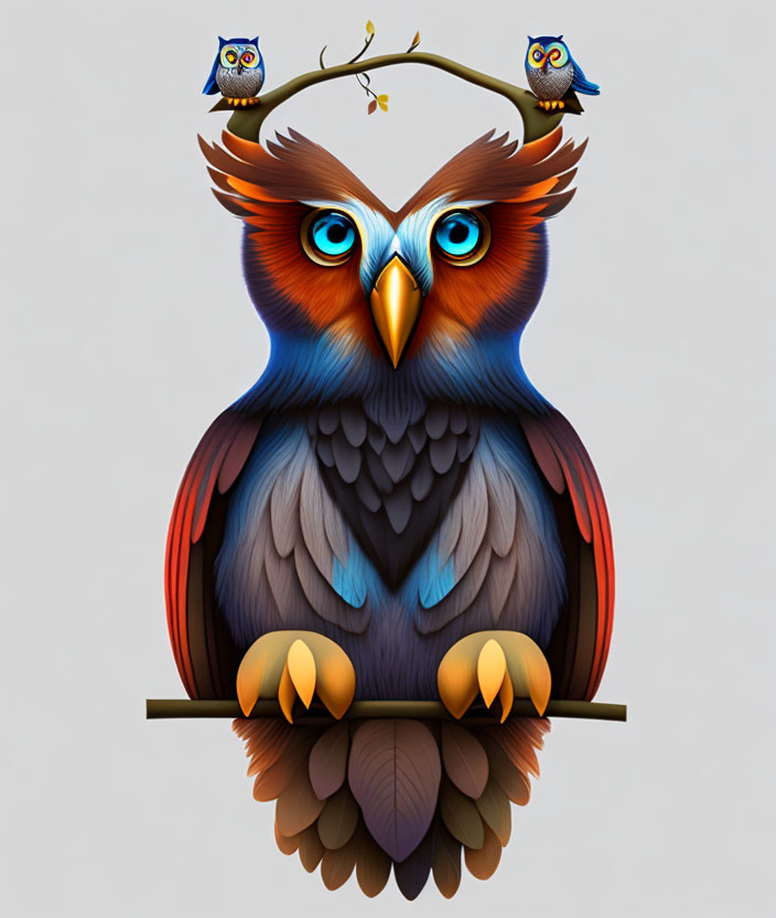 Vibrant large owl illustration with colorful feathers on branch