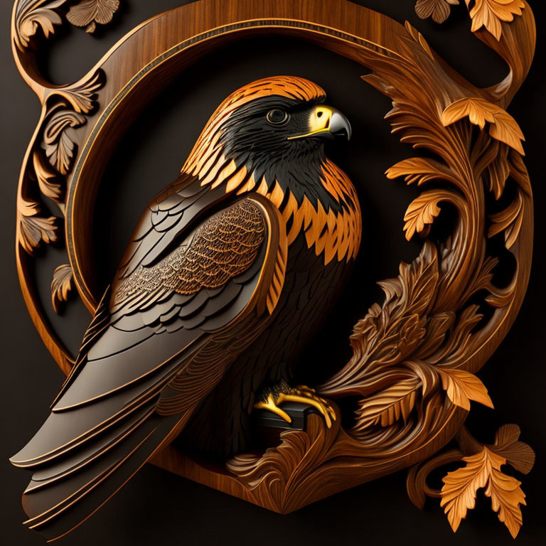 Detailed Wooden Eagle Carving in Ornate Circular Frame