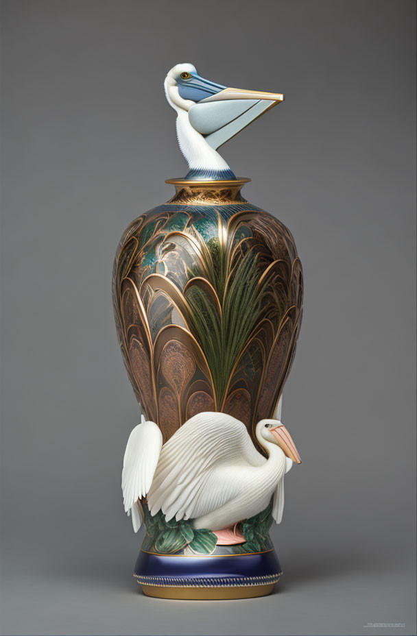 Elegant pelicans on ornate vase against grey background