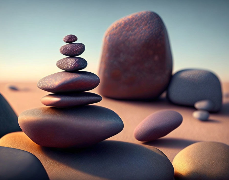 Balanced pile of seven smooth round stones on sandy terrain