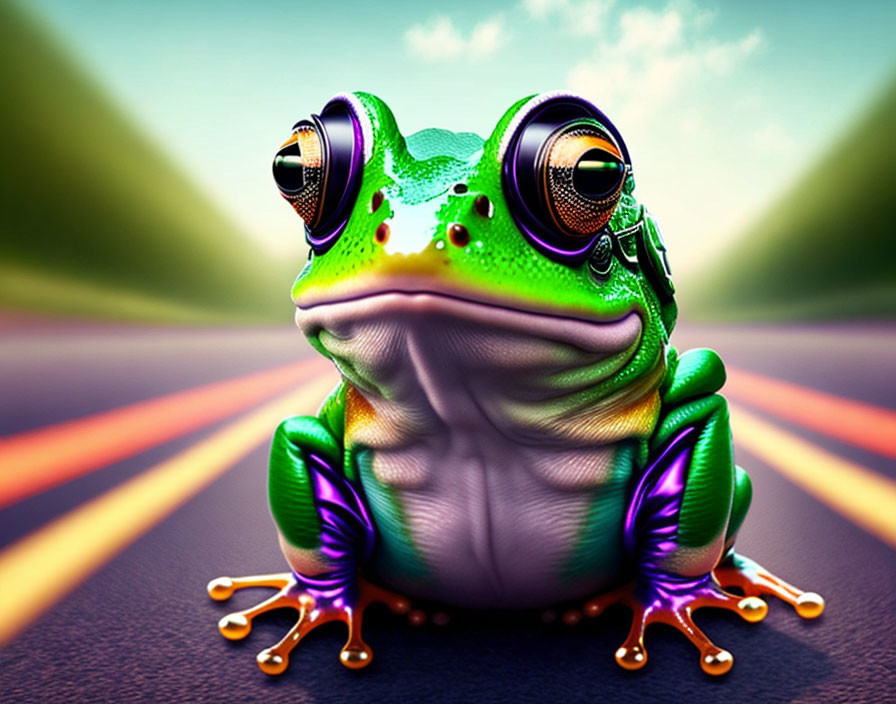 Colorful stylized frog with mechanical eyes on asphalt road.