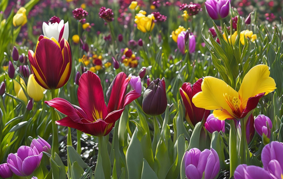 Colorful Tulips and Flowers in Vibrant Garden Under Sunlight