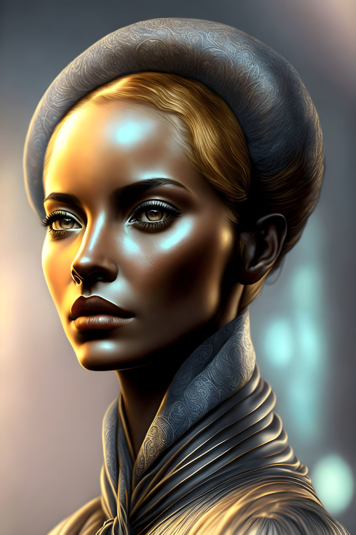 Futuristic digital art: woman with metallic skin and intricate designs.