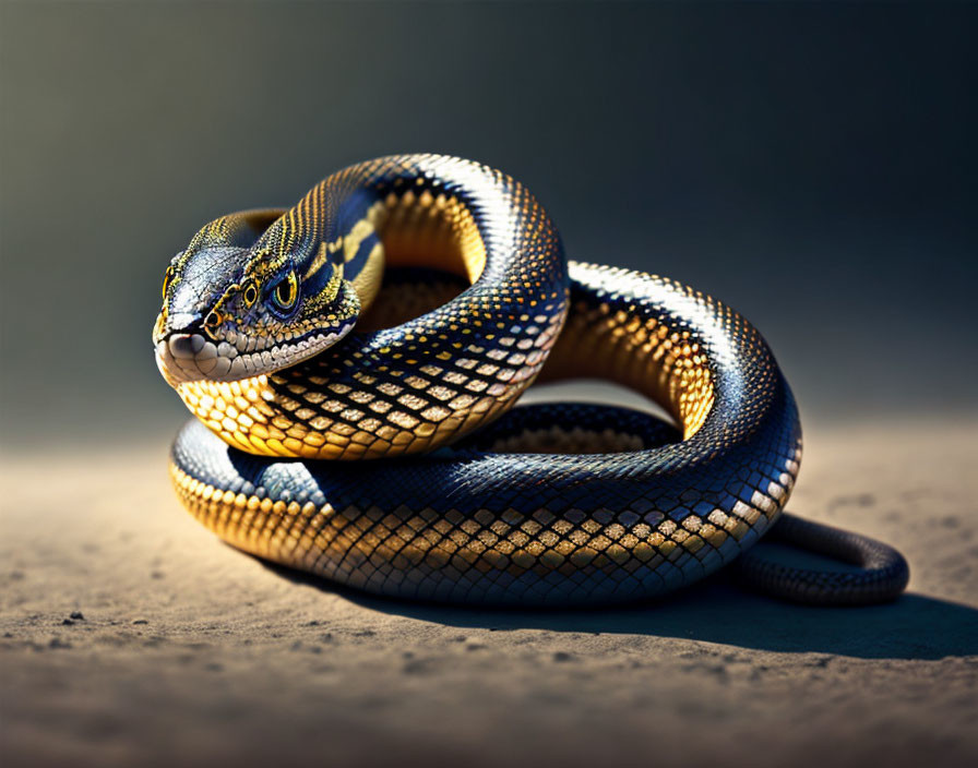 Patterned Golden and Black Snake Coiled Under Soft Light