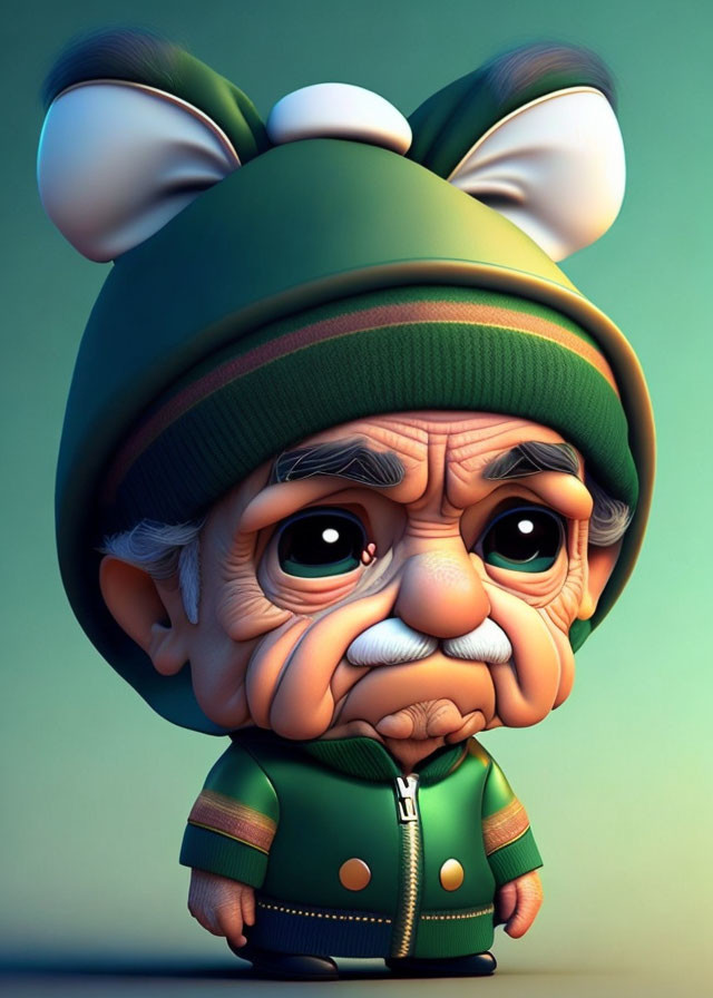 Elderly man caricature with large eyes and mouse ears.