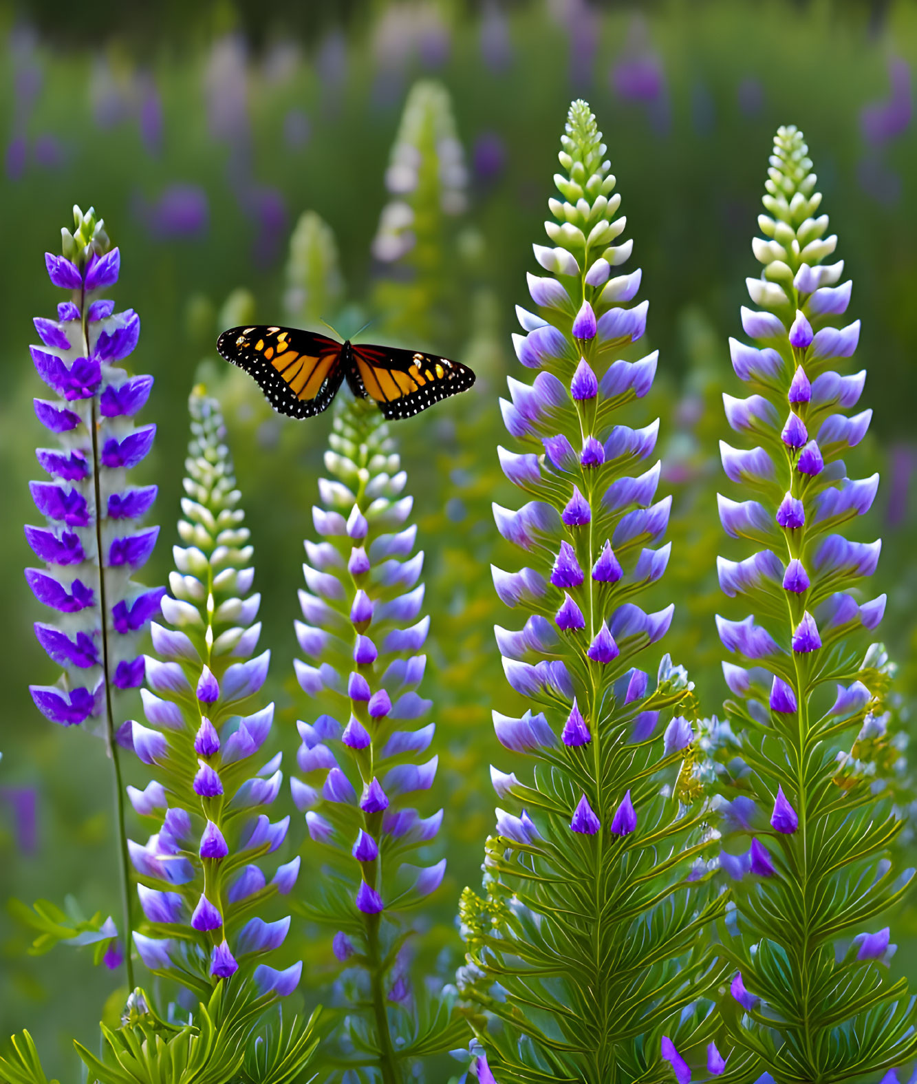 Monarch butterfly on vibrant purple lupine flowers in lush greenery