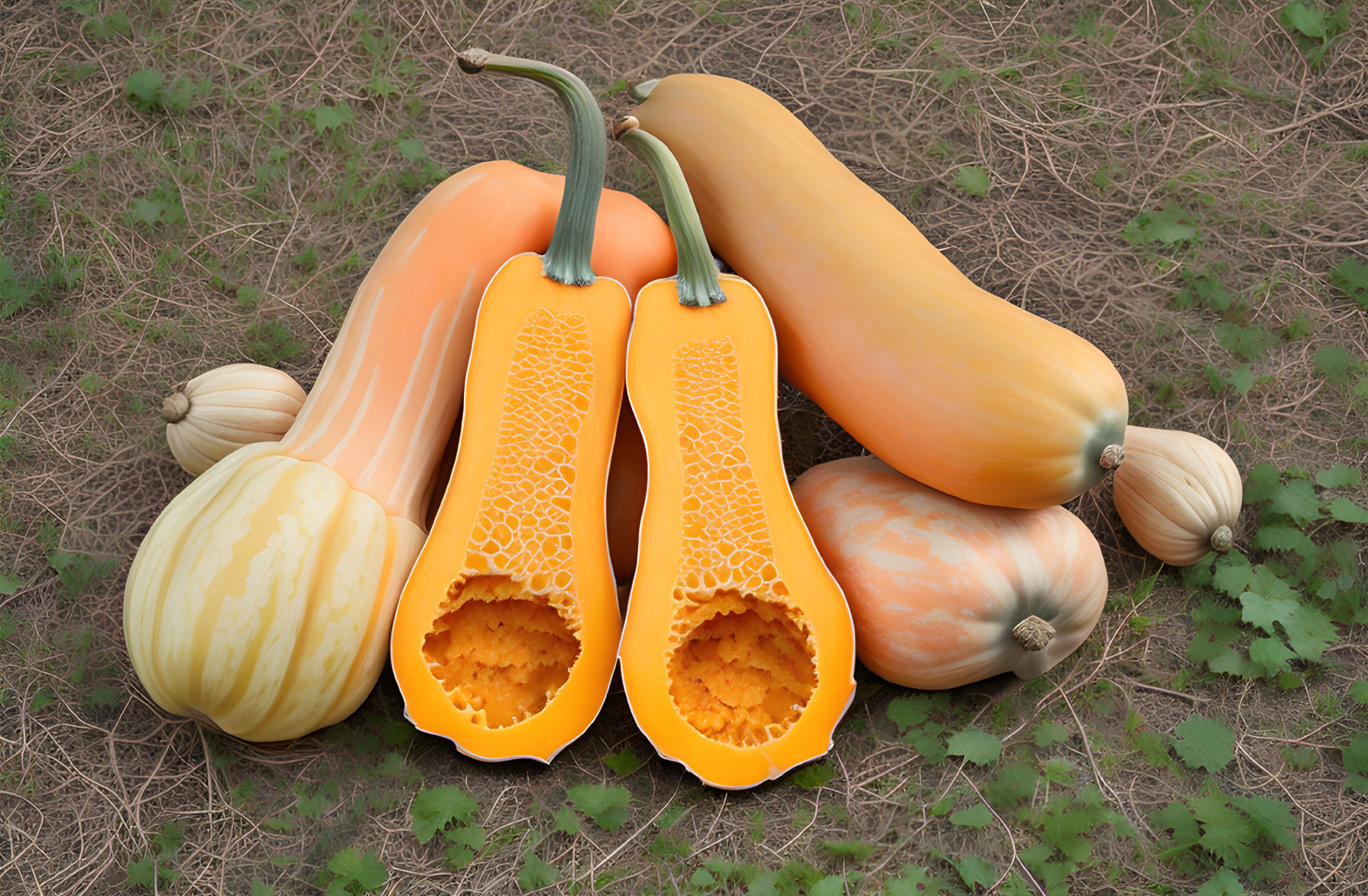 Fresh Butternut Squash: Whole and Sliced on Bed of Leaves