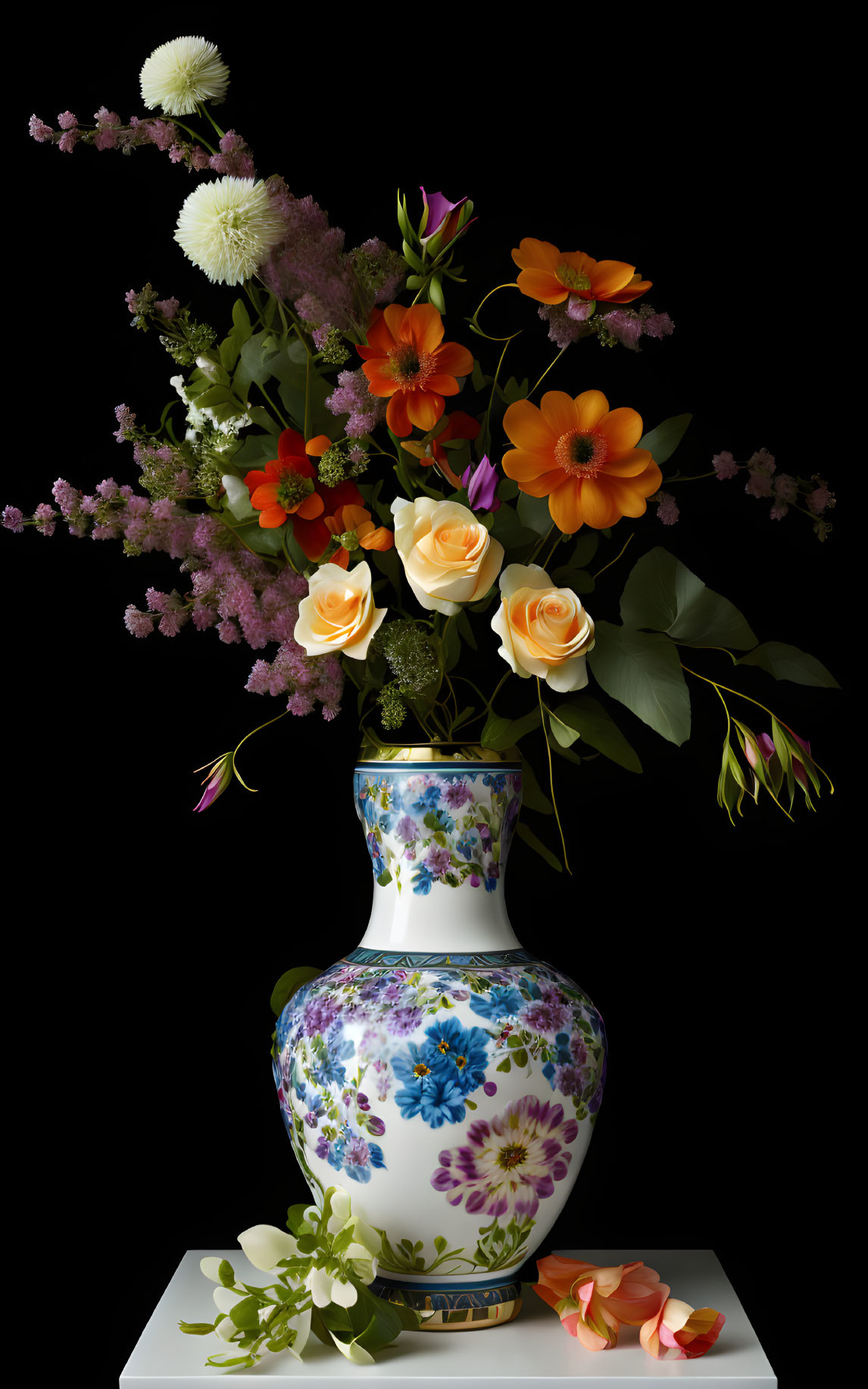 Colorful Flowers in Floral Vase on Black Background