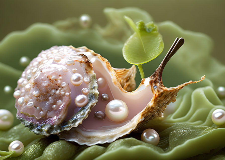 Oyster shell with pearls on greenery and garnish