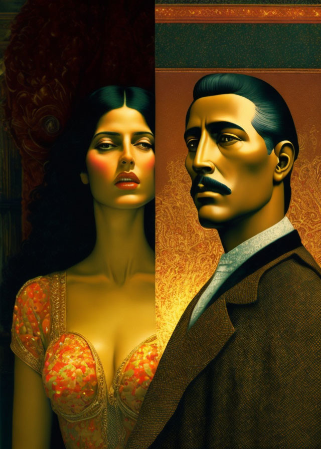 Man and woman artistic illustration on golden ornate background