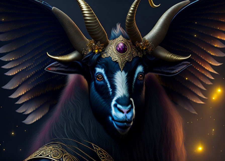 Dark-furred mythical goat with golden armor, ornate headdress, large curved horns, and dark