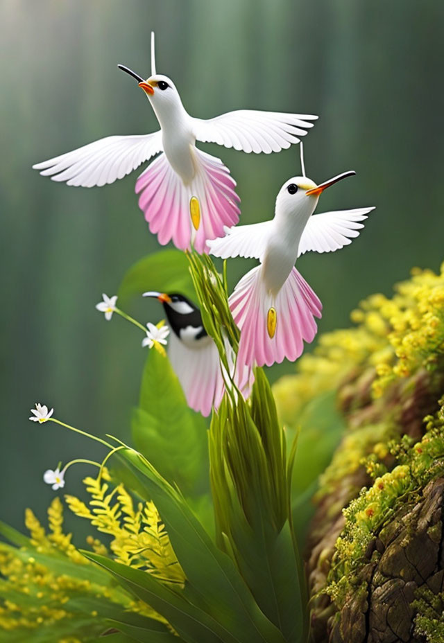 Three whimsical birds with flower-like plumage in a floral garden scene.