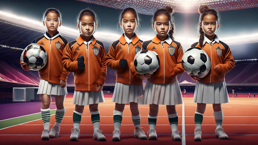 Group of Five Young Girls in Soccer Uniforms with Footballs in Stadium Background