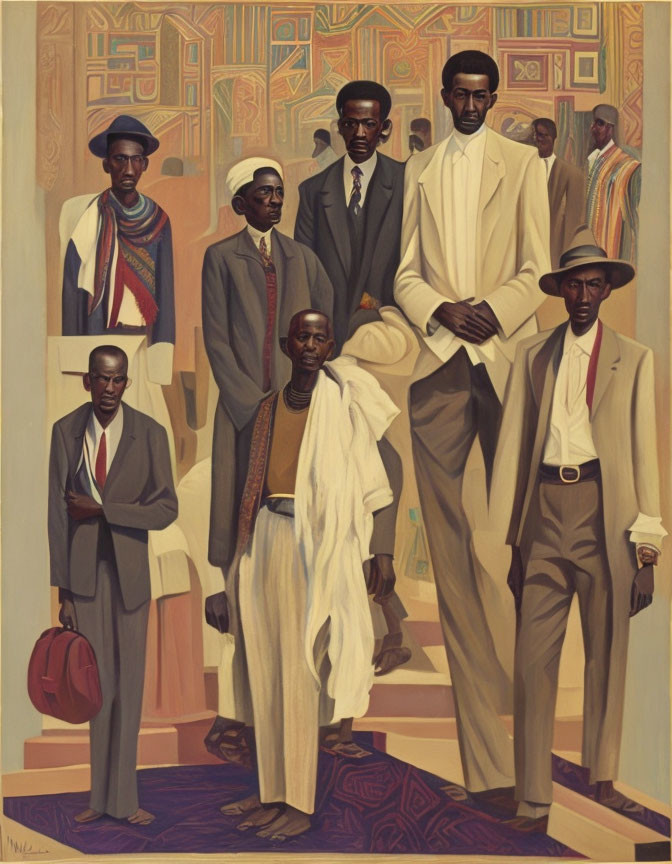 Abstract painting of seven men in suits and traditional robes against geometric backdrop