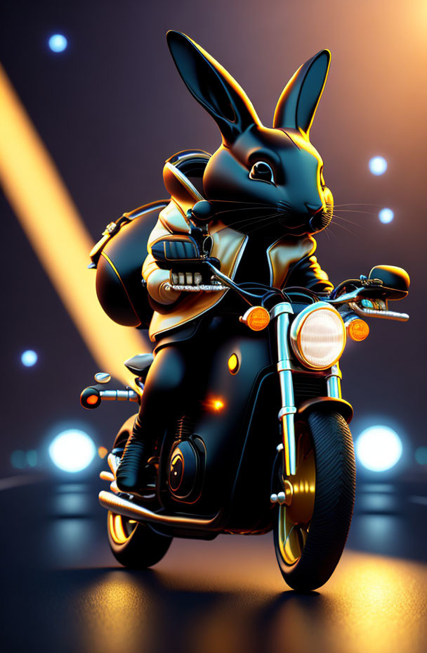 Black Rabbit in Jacket on Scooter at Night Streetlights