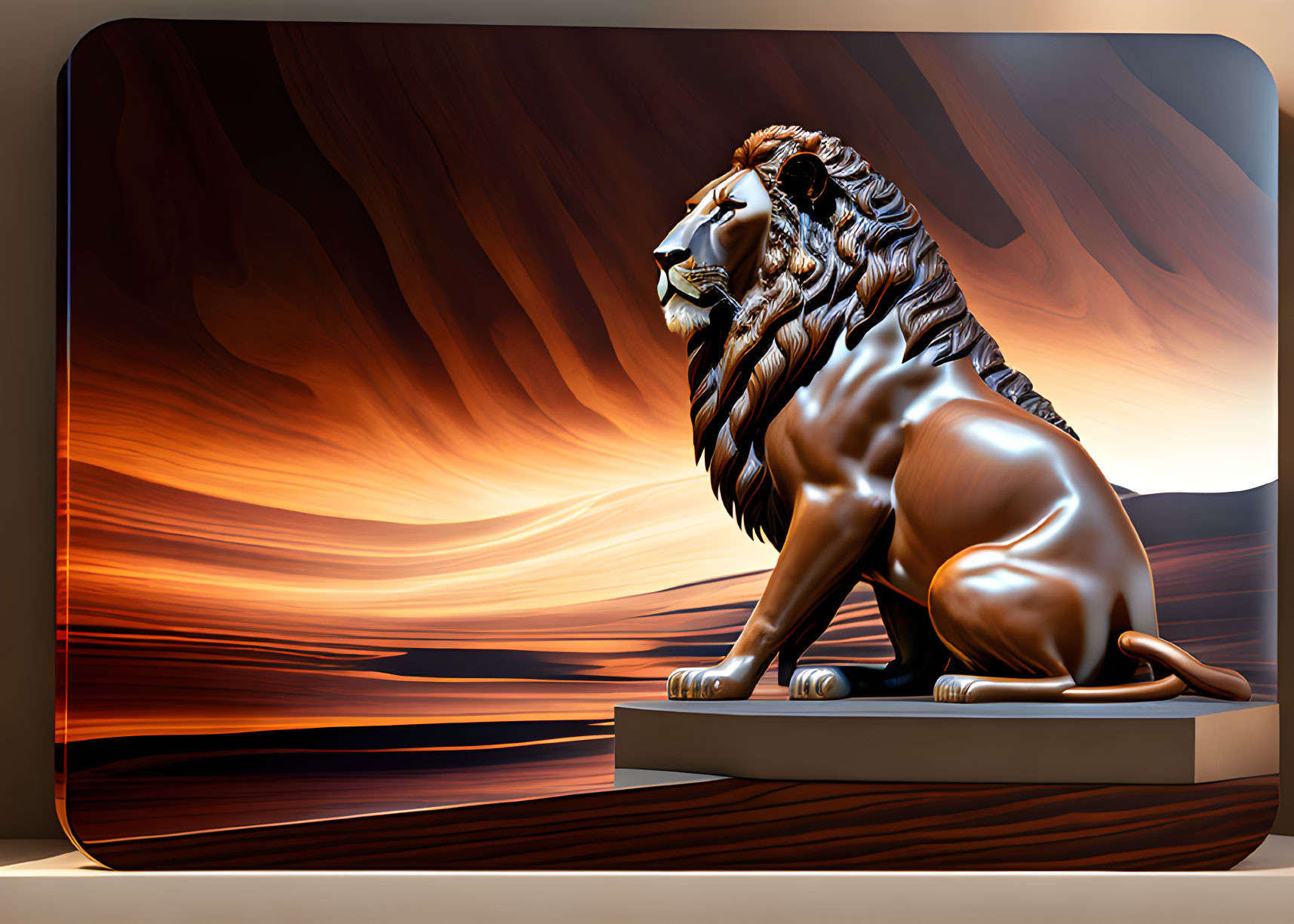 Bronze lion sculpture with flowing mane on abstract orange waves