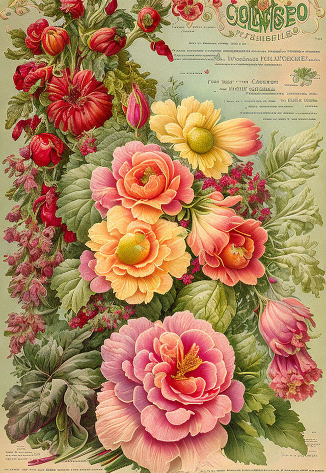 Detailed Vintage Floral Illustration with Colorful Flowers and Text