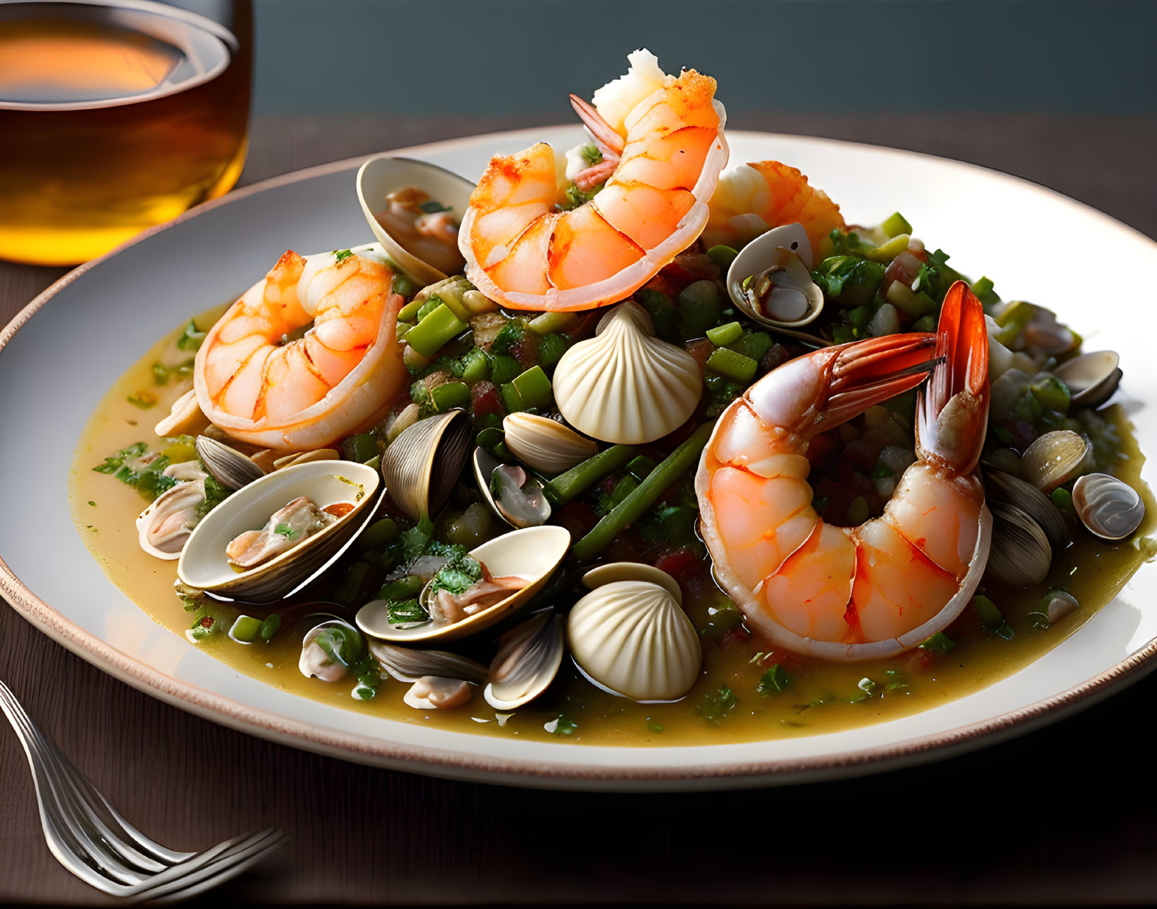 Savory seafood dish with shrimps, clams, green beans, and herbs, served