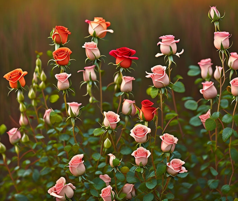 Colorful Rose Garden with Red, Orange, and Pink Blooms