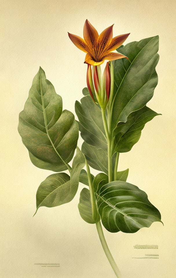 Detailed botanical illustration of plant with large leaves and orange lily flower on cream background