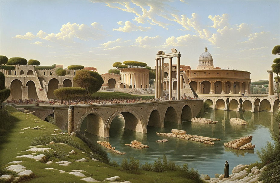 Scenic painting of ancient bridge, classical buildings, lush greenery, and people in period attire