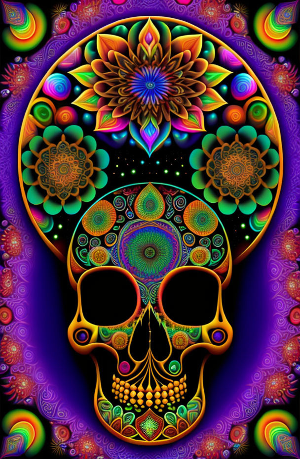 Colorful Psychedelic Skull Artwork with Floral and Mandala Designs