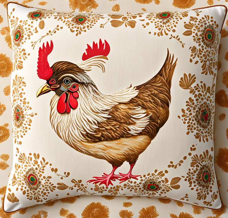 Hen Illustration Decorative Pillow with Gold and Brown Floral Patterns