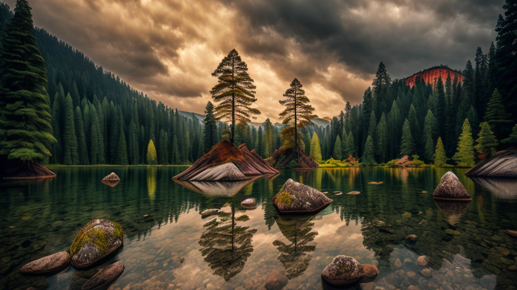 Tranquil lake with clear water, reflecting trees under dramatic sunset sky in pine forest